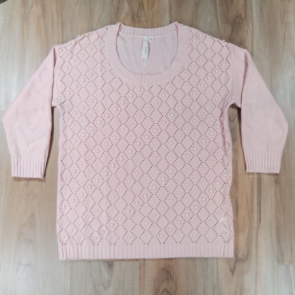 🔹️Bellatrix Pink Open Knit Faux Pearl Adorned Sweater Large - Picture 2 of 11